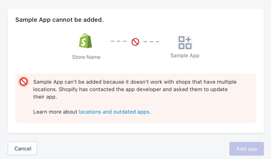 The warning message shown to merchants if they try to install your blocked app