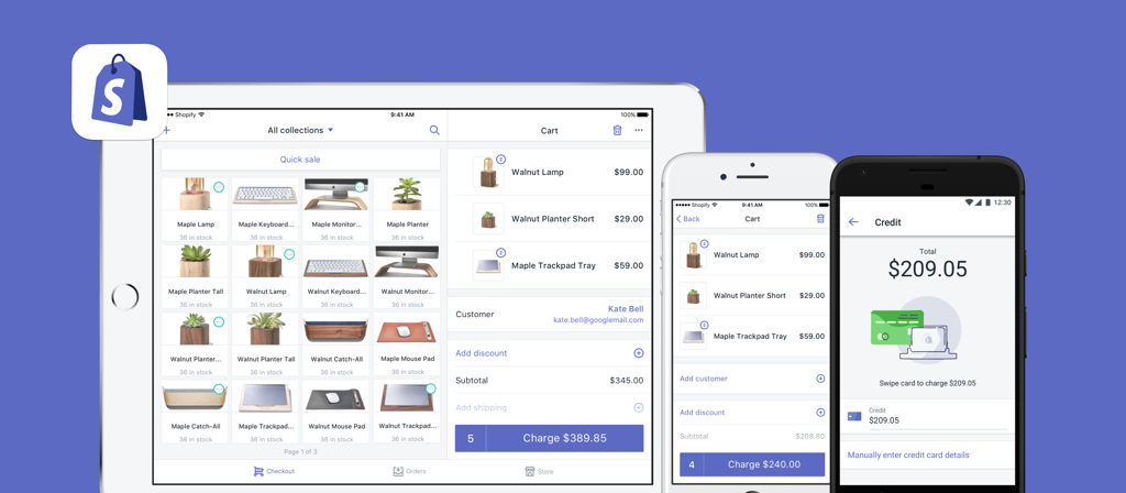 Shopify POS app on an iPad, iPhone, and Android device