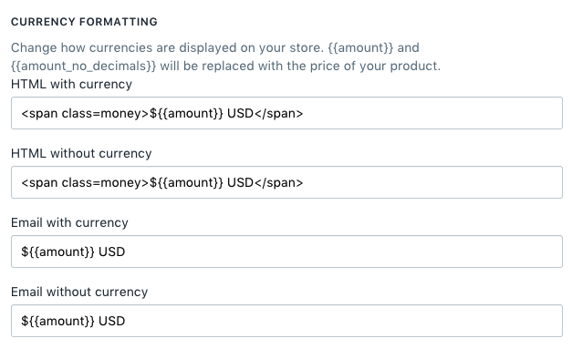 Shopify admin page showing currency formatting with span elements applied 